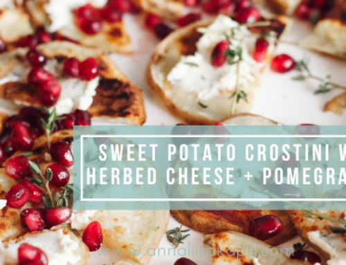 Sweet Potato Crostini with Herbed Cheese + Pomegranate