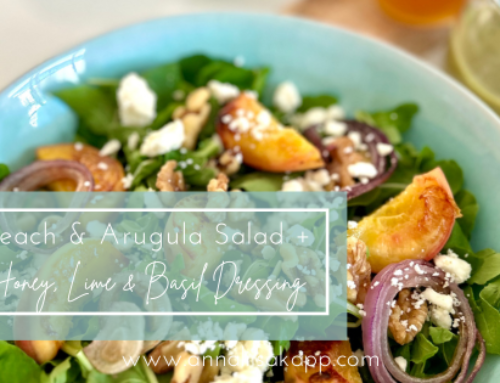 Grilled Peach & Arugula Salad with Rejuvenating Honey, Lime + Basil Dressing
